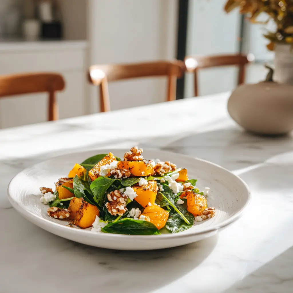 Roasted Pumpkin Salad with Feta And Spinach – A Warm, Healthy Fall Favorite 4 Roasted pumpkin salad with feta and spinach served on a white plate