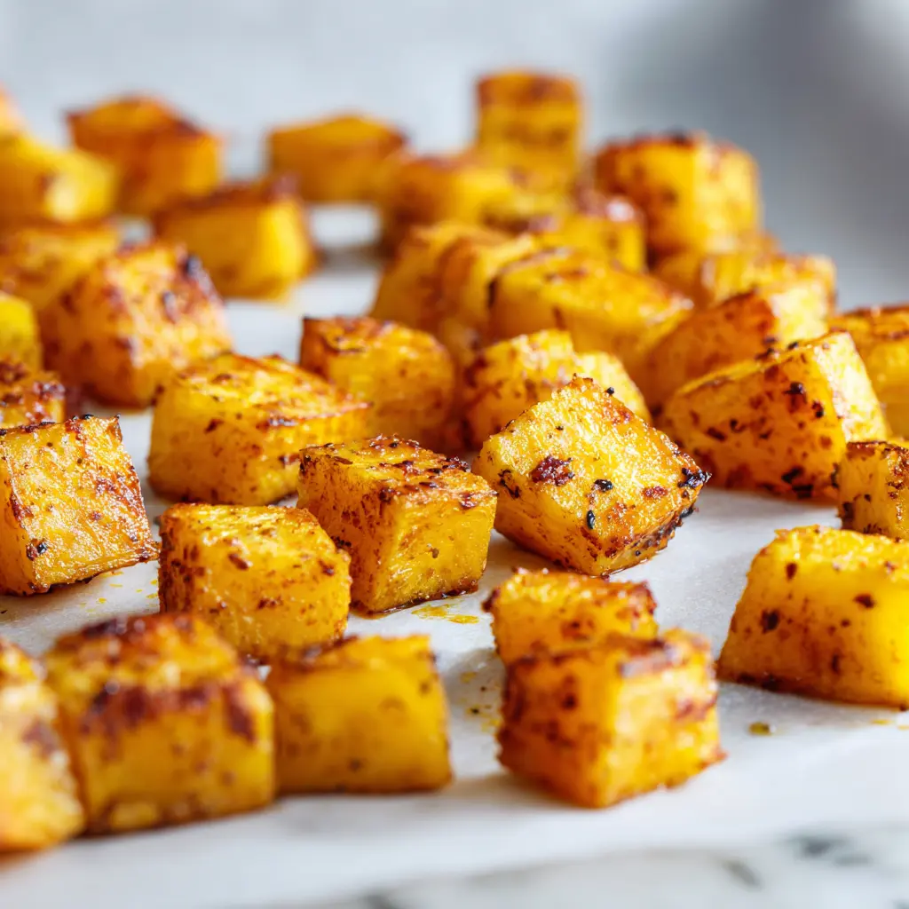 Roasted Pumpkin Salad with Feta And Spinach – A Warm, Healthy Fall Favorite 3 Golden roasted pumpkin cubes on a white baking sheet