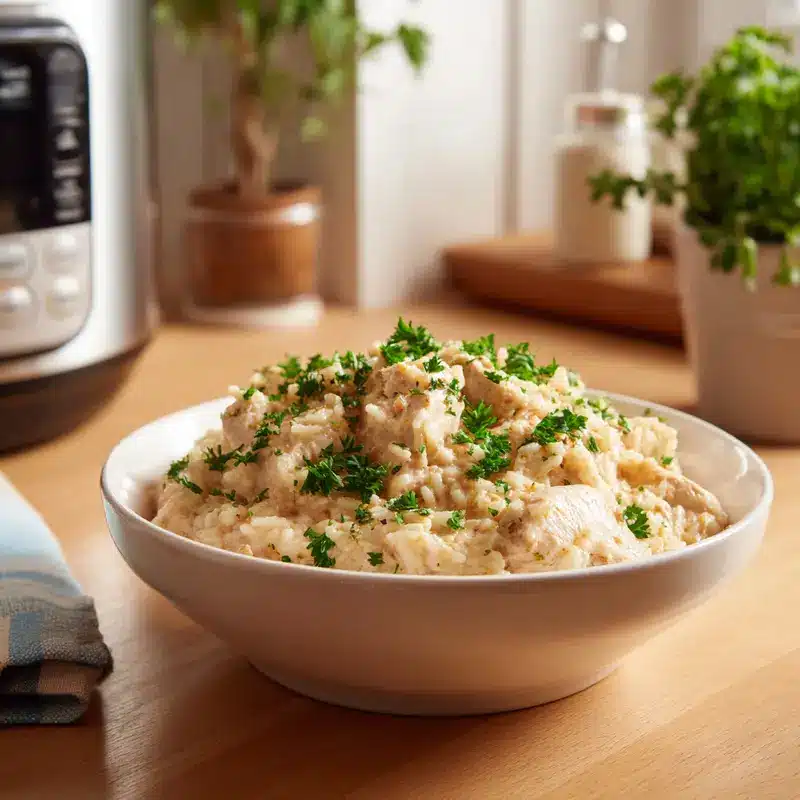 Slow Cooker Chicken and Rice served in a bowl with fresh parsley