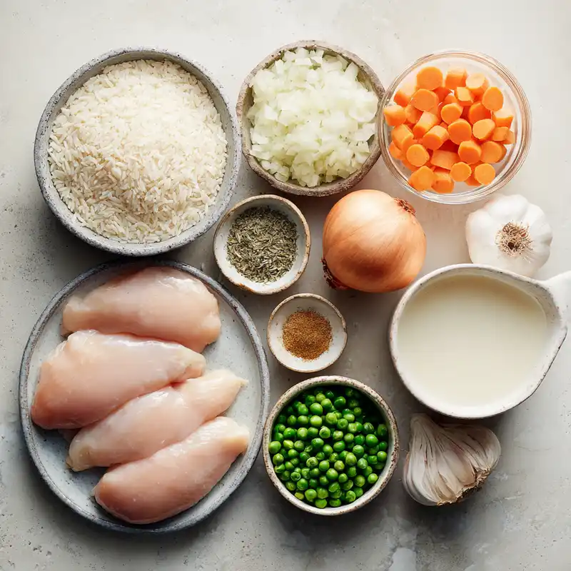Ingredients for slow cooker chicken and rice arranged on a kitchen counter