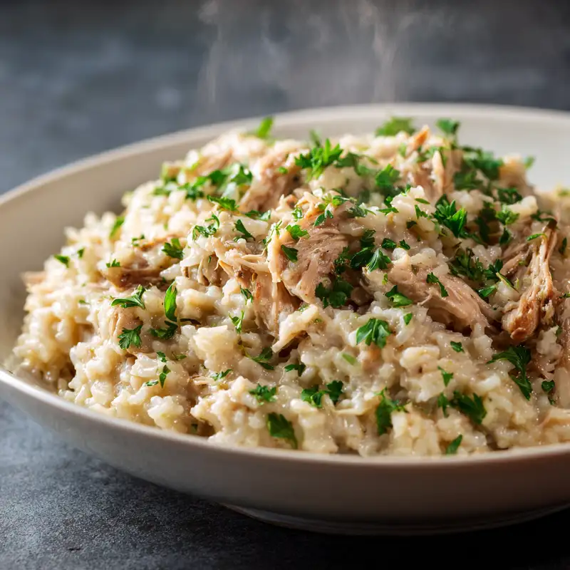 Serving of creamy slow cooker chicken and rice garnished with parsley