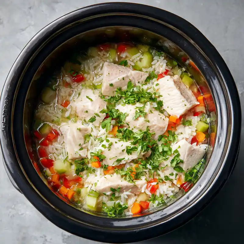 Chicken, rice, and vegetables layered in a slow cooker before cooking