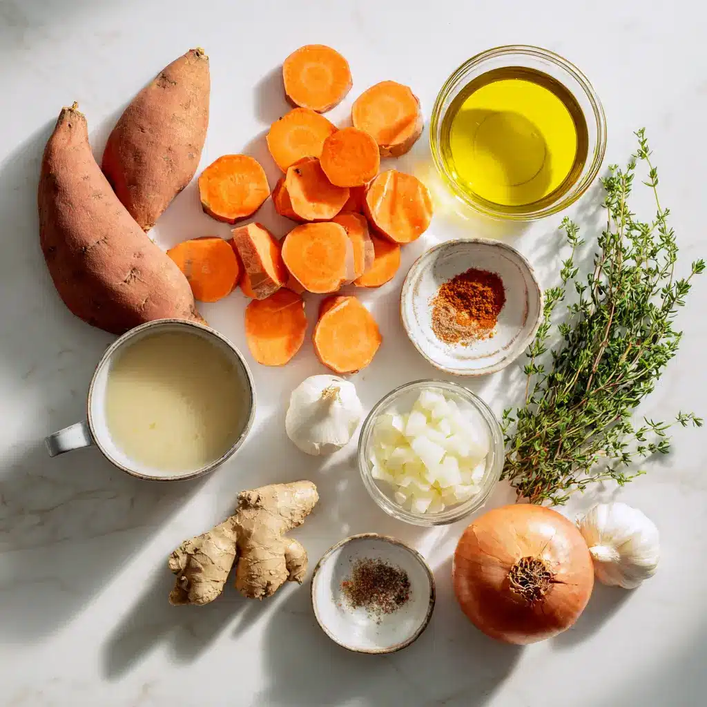 Sweet Potato Carrot Soup – Creamy, Cozy & Healthy Family Favorite 2 Ingredients for sweet potato carrot soup arranged on a white countertop
