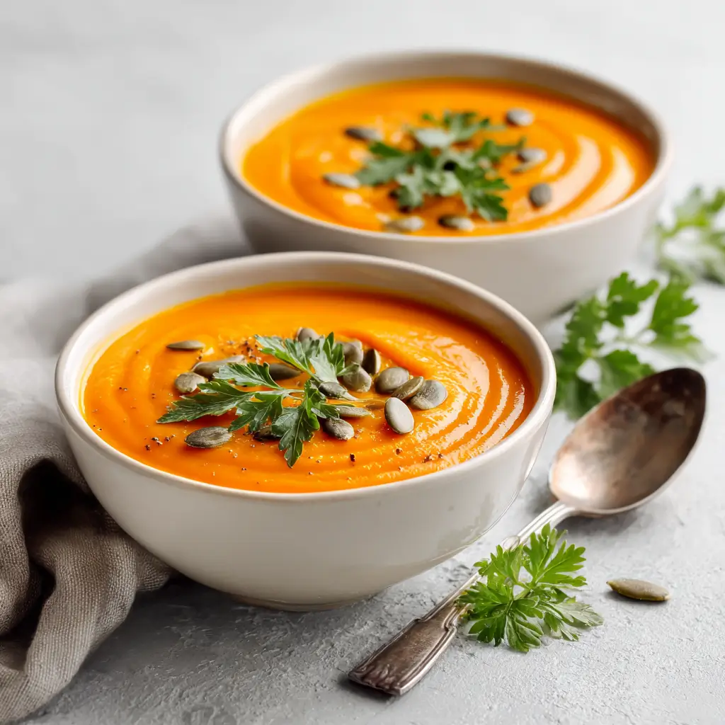 Sweet Potato Carrot Soup – Creamy, Cozy & Healthy Family Favorite 4 Two bowls of sweet potato carrot soup garnished with parsley and seeds