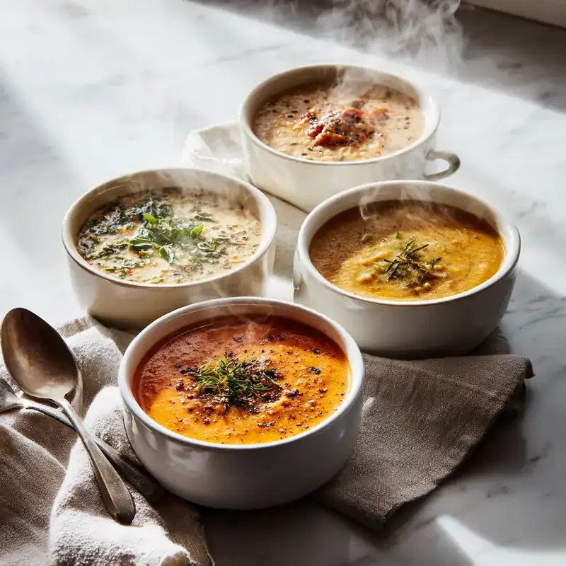 A variety of winter heartwarming soup recipes (creamy soup, cozy soup & simple soup ideas) served in white bowls on a bright kitchen counter.