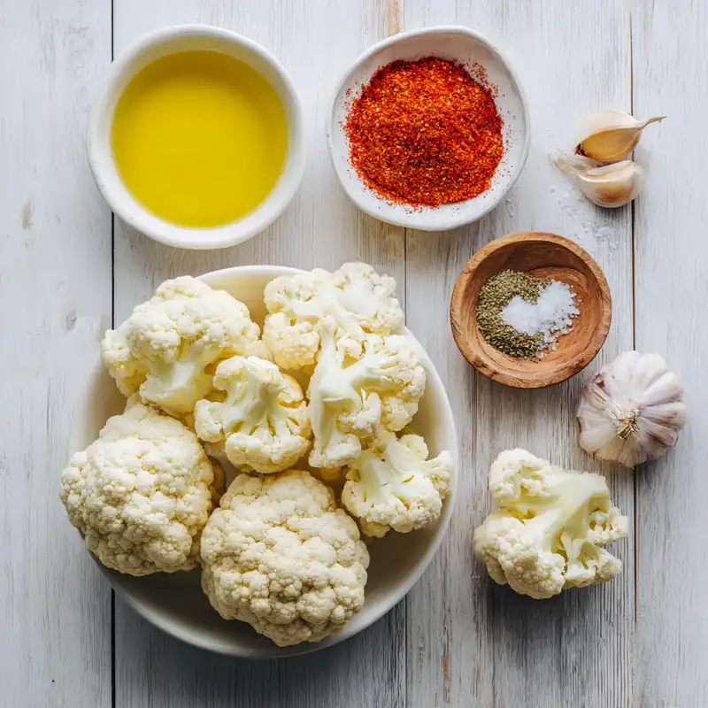 Cauliflower florets and seasoning ingredients arranged on a kitchen counter