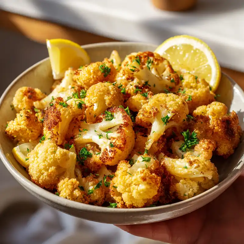 Crispy air fryer cauliflower bites served with lemon wedges and parsley