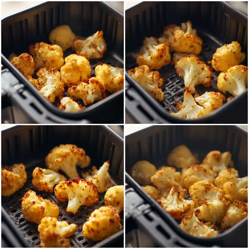Seasoned cauliflower florets cooking inside an air fryer basket
