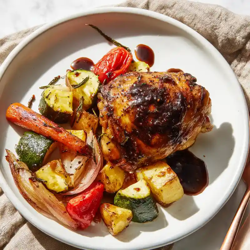 Plated balsamic chicken with roasted vegetables