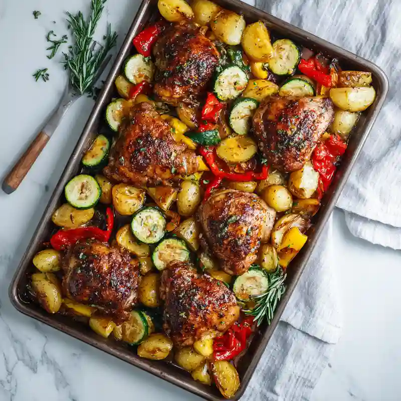 Balsamic Chicken and Veggie Sheet Pan Dinner on a baking tray