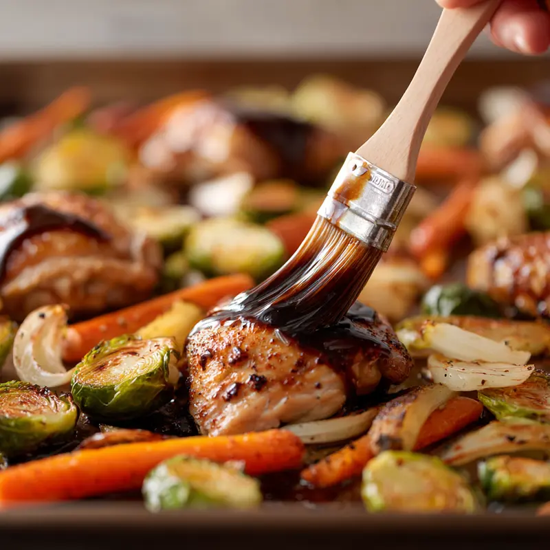 Brushing balsamic glaze on chicken before roasting