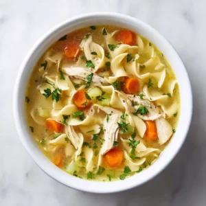 Classic Chicken Noodle Soup – The Ultimate Comfort Bowl 2 Classic chicken noodle soup in a bowl on a white marble background