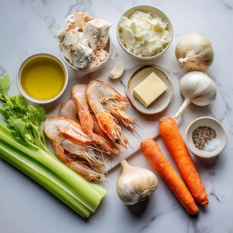 Fresh shrimp, lump crab meat, cream, butter, and vegetables arranged for seafood bisque recipe