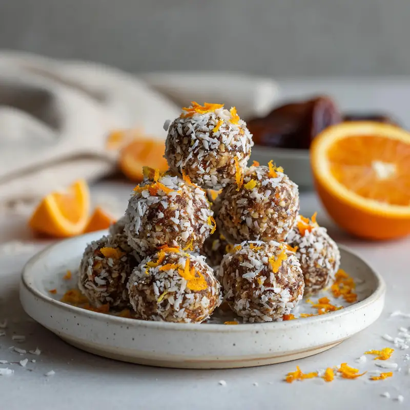 Date and Orange Blossom Energy Balls stacked on a white plate with orange zest and coconut flakes