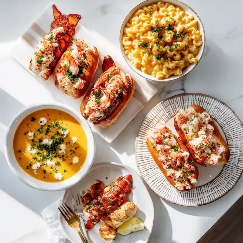 Easy lobster recipes including lobster tails, rolls, and bisque on a white table