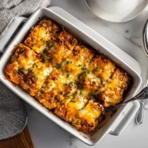 Hobo Casserole: A Perfect, Cozy, and Budget-Friendly Weeknight Dinner 2 Hobo casserole cut into servings inside a white baking dish with golden melted cheese on top.