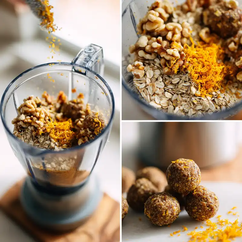 Step-by-step collage showing how to make Date and Orange Blossom Energy Balls