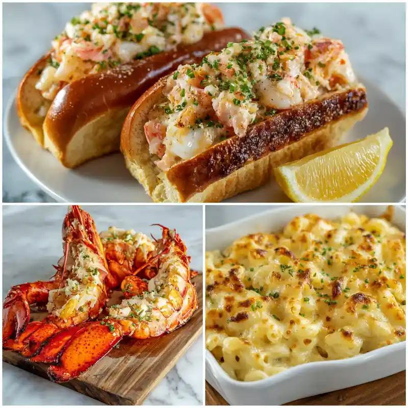Collage of lobster rolls, garlic butter lobster tails, and lobster mac and cheese