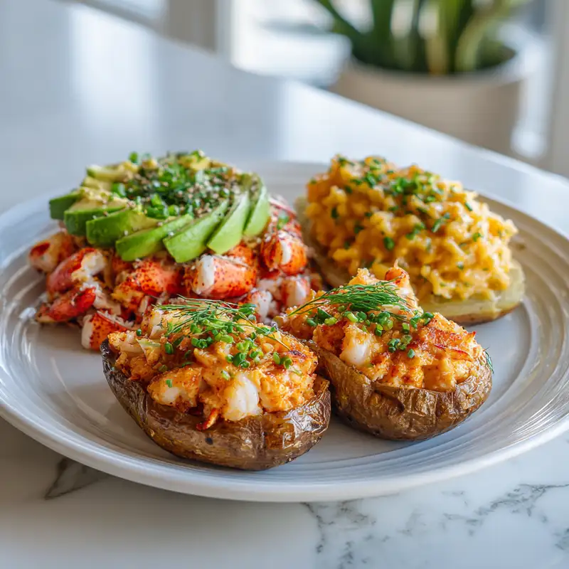 Collage of lobster salad with avocado, lobster risotto, and lobster-stuffed potatoes