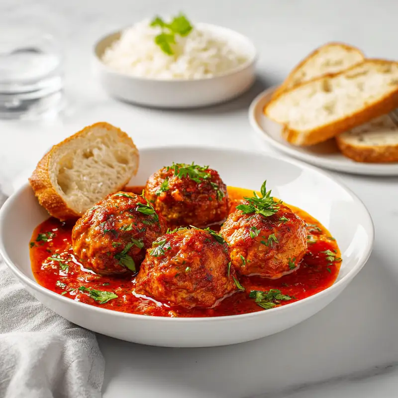Moroccan sardine balls in tomato sauce served with bread