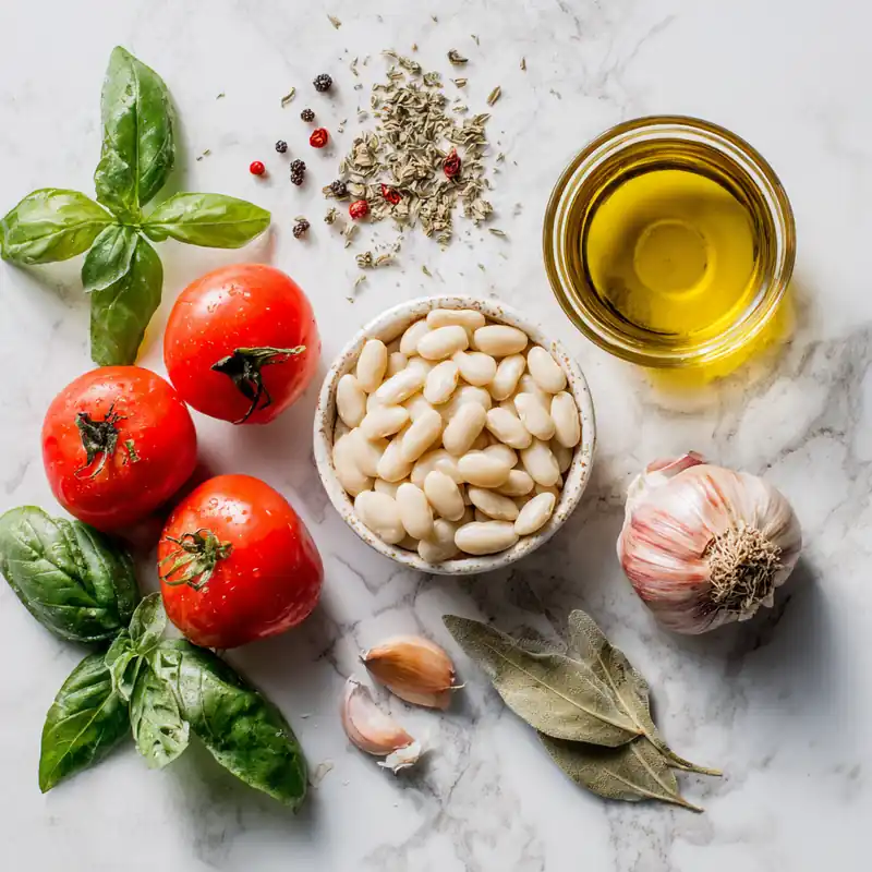 Ingredients for a Mediterranean tomato and white bean stew.