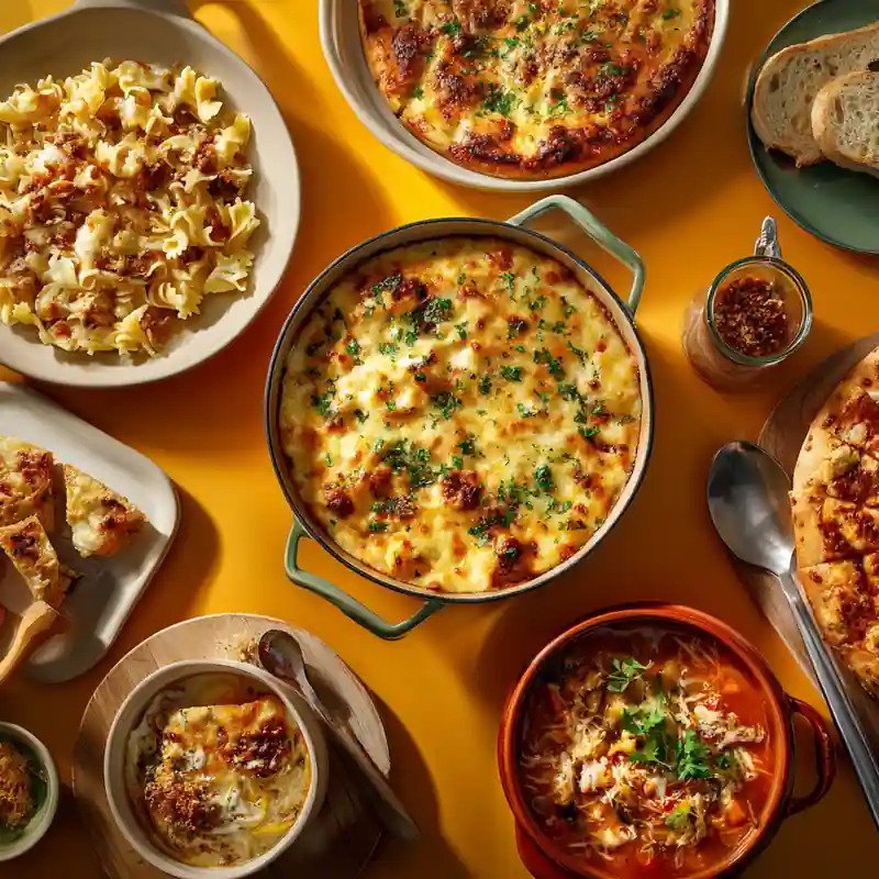 A cozy teen-approved winter dinner ideas spread featuring casseroles, pasta, ramen, and soups on a rustic table