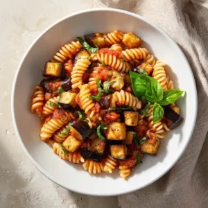 Easy and Quick Eggplant Pasta for Busy Weeknights 2 Eggplant pasta served in a white bowl with fresh basil
