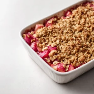 The Ultimate Classic Rhubarb Crisp – Simple, Cozy & Homemade 2 Classic rhubarb crisp with golden oat topping baked in a white dish