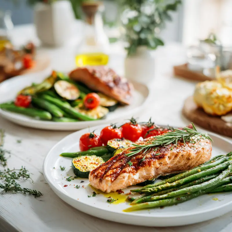 Healthy spring dinners with grilled chicken, baked salmon, and fresh seasonal vegetables