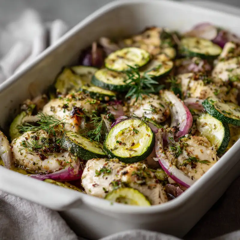 Mediterranean chicken zucchini bake prepared and ready to bake in a white dish