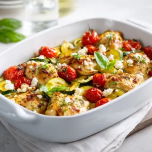 Mediterranean chicken zucchini bake with feta, tomatoes, and herbs baked in a white dish