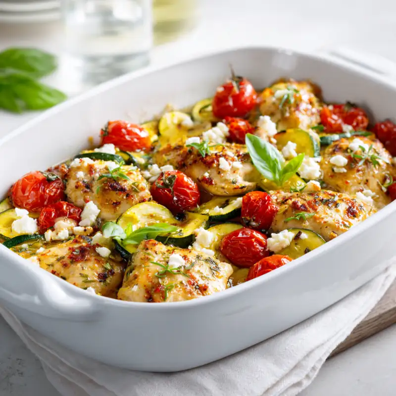 Mediterranean chicken zucchini bake with feta, tomatoes, and herbs baked in a white dish