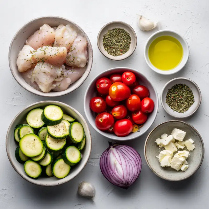 Ingredients for Mediterranean chicken zucchini bake arranged on a white surface