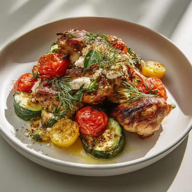 Served Mediterranean chicken zucchini bake with feta and fresh herbs