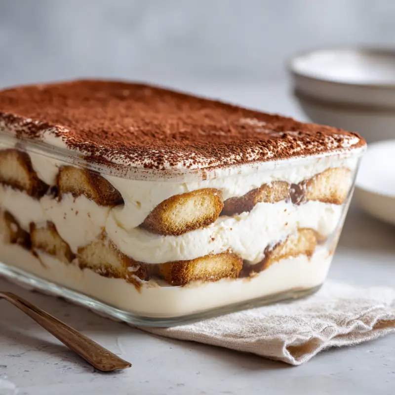 Easiest no bake tiramisu with creamy layers and cocoa topping