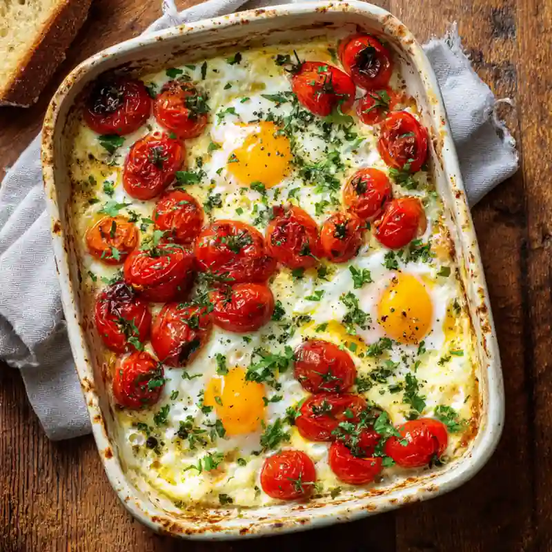 mediterranean baked feta eggs in rustic dish with tomatoes and herbs