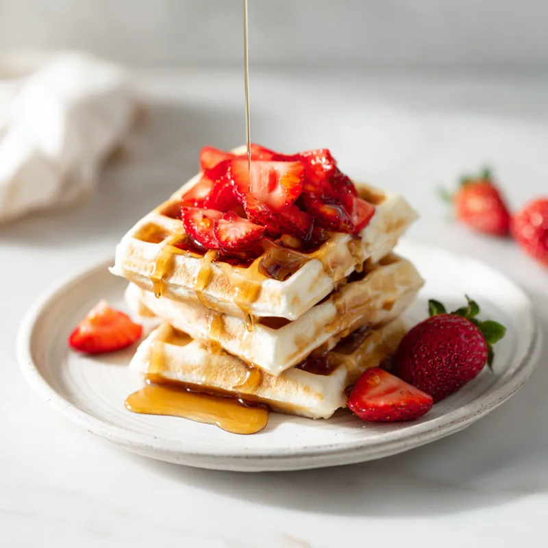 fluffy mini waffles with strawberries and syrup on white plate