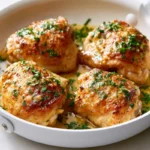 Juicy Garlic Butter Chicken Thighs: A Quick Dinner Your Family Will Love 3 Crispy garlic butter chicken thighs in a skillet with parsley garnish