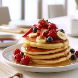 The Ultimate Easy 3 Ingredient Pancakes Recipe for Busy Mornings 2 Fluffy easy 3 ingredient pancakes served with fresh fruit